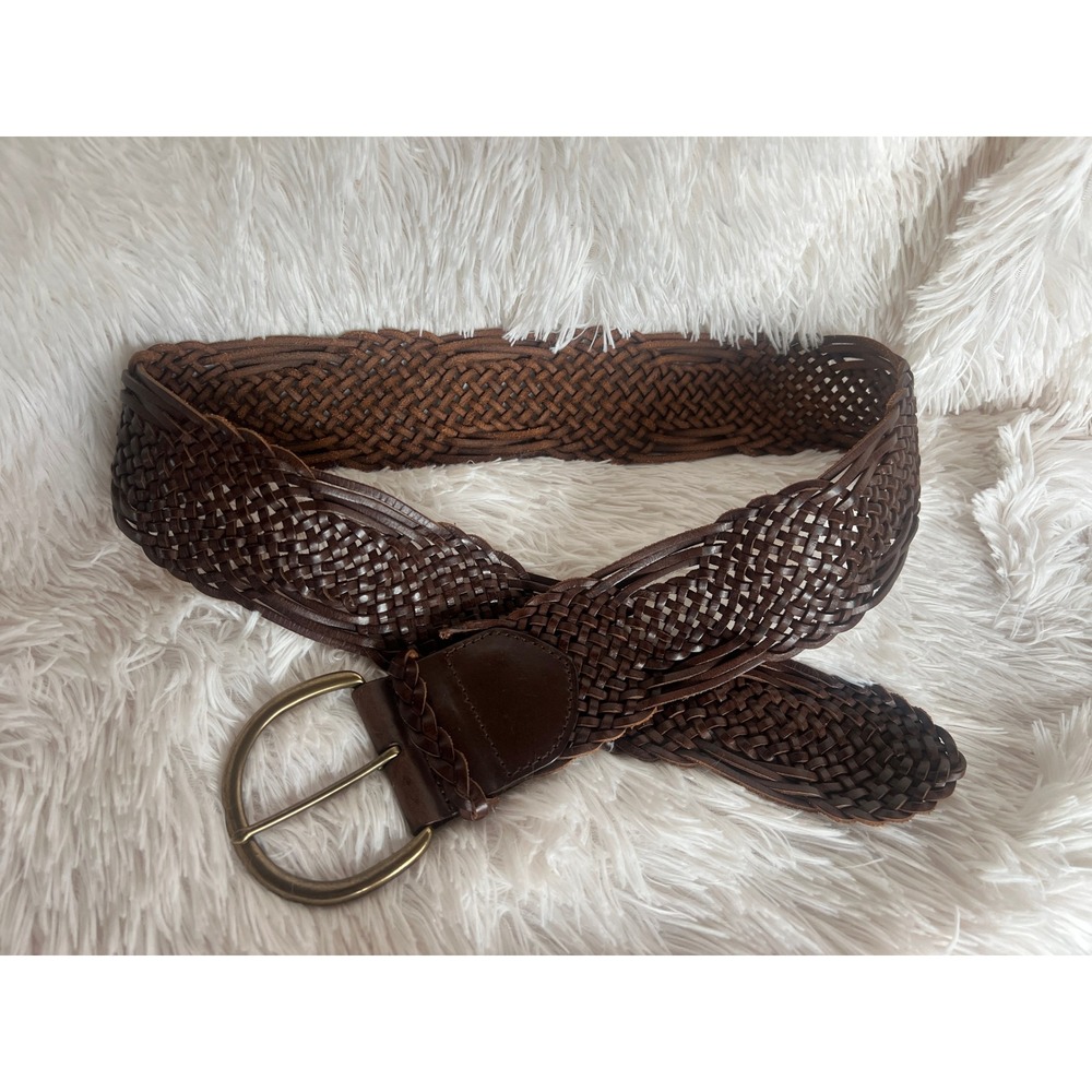 Vintage Eddie Bauer Wide Braided Leather Belt Brown Woven Boho Western Style Med
